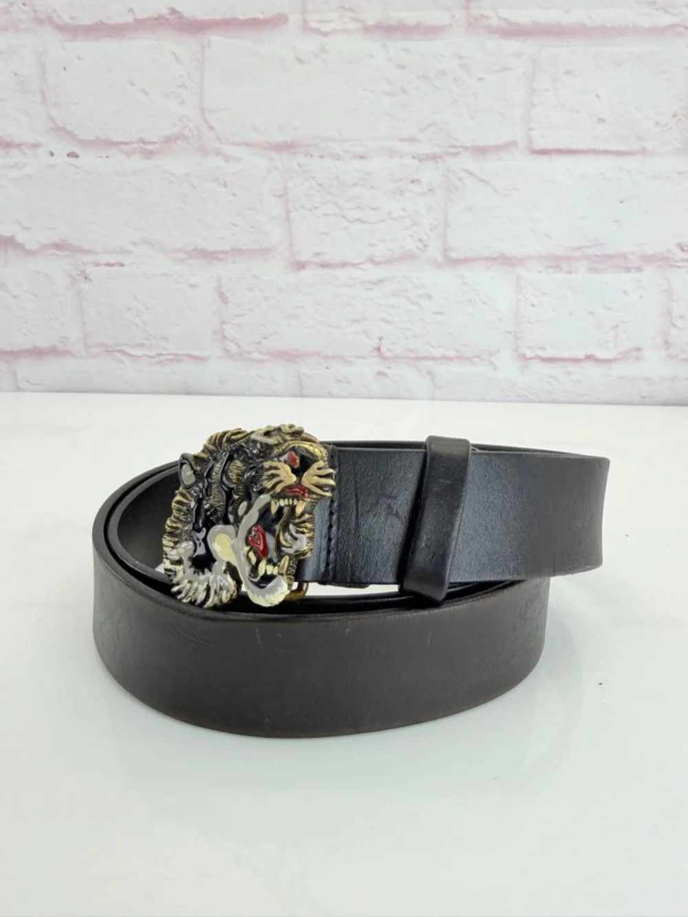 Gucci Black Leather Men’s Belt Lion Buckle 114984 100/40